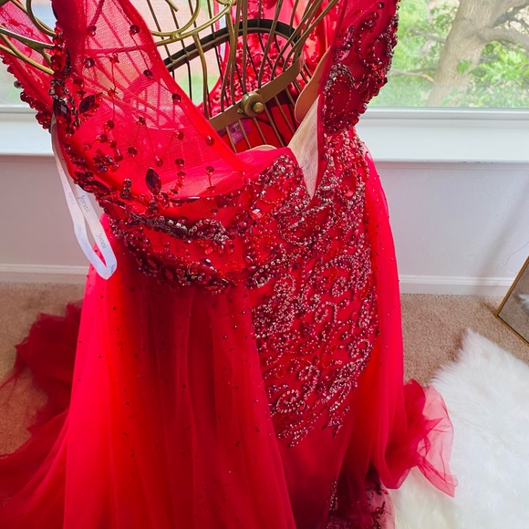 Red V neck ,over skirt gown, occasions long dress - Picture 2 of 5